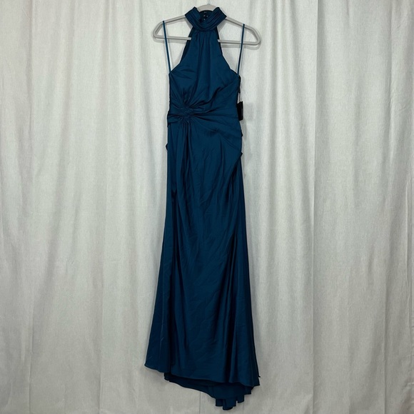 NEW MAC DUGGAL 11642 OPEN BACK HIGH NECK SIDE RUCHED SATIN GOWN Dress Slit Sash - Picture 14 of 16